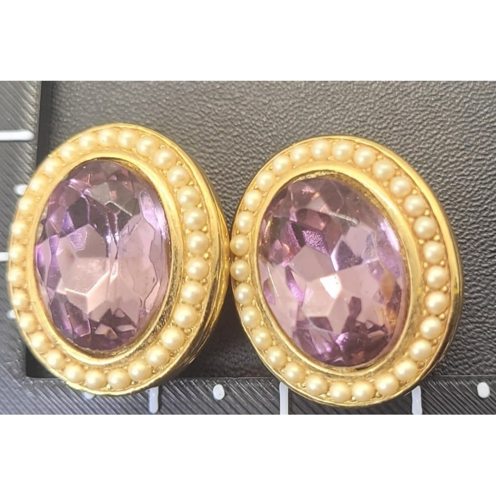 Vintage‎ Richelieu Earrings Clip On Purple Gold Tone Beaded Oval Statement